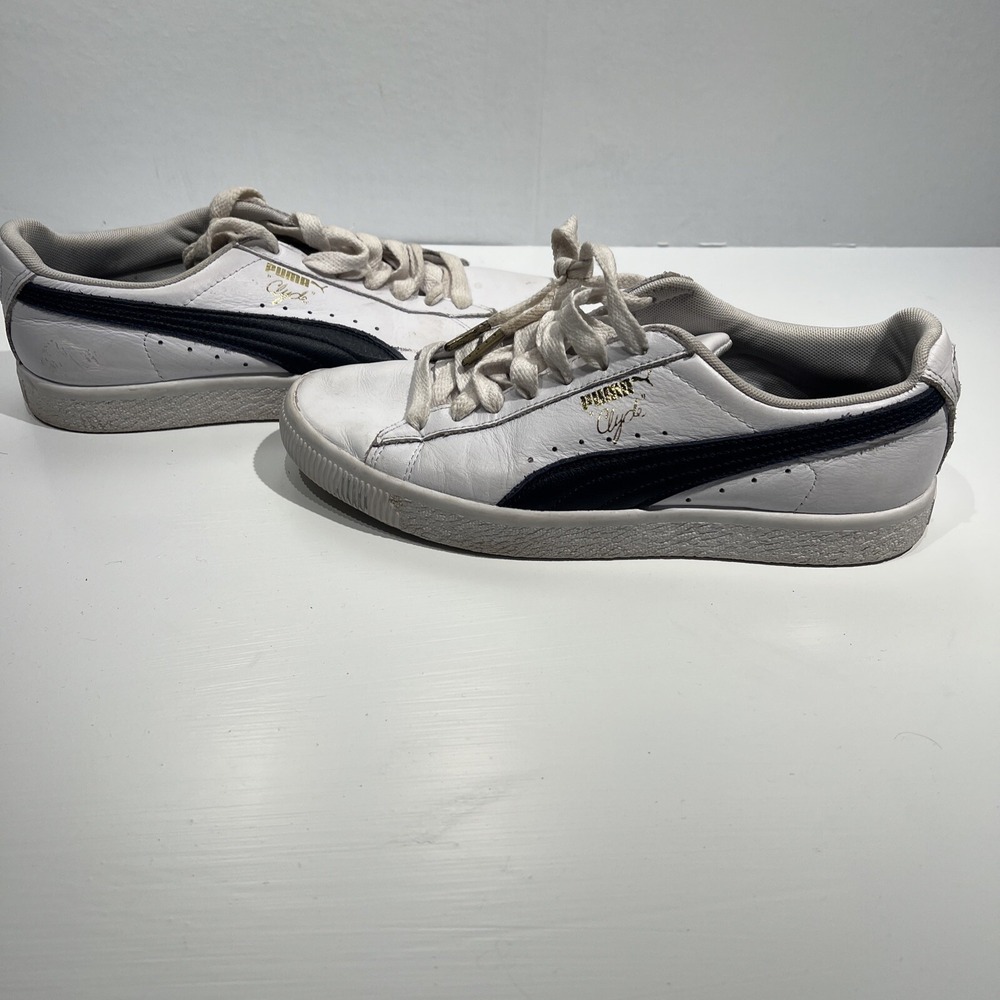Puma CLYDE CORE L FOIL Womens SIZE 9.5 White/Navy/Gold 364670-02 Casual Shoes